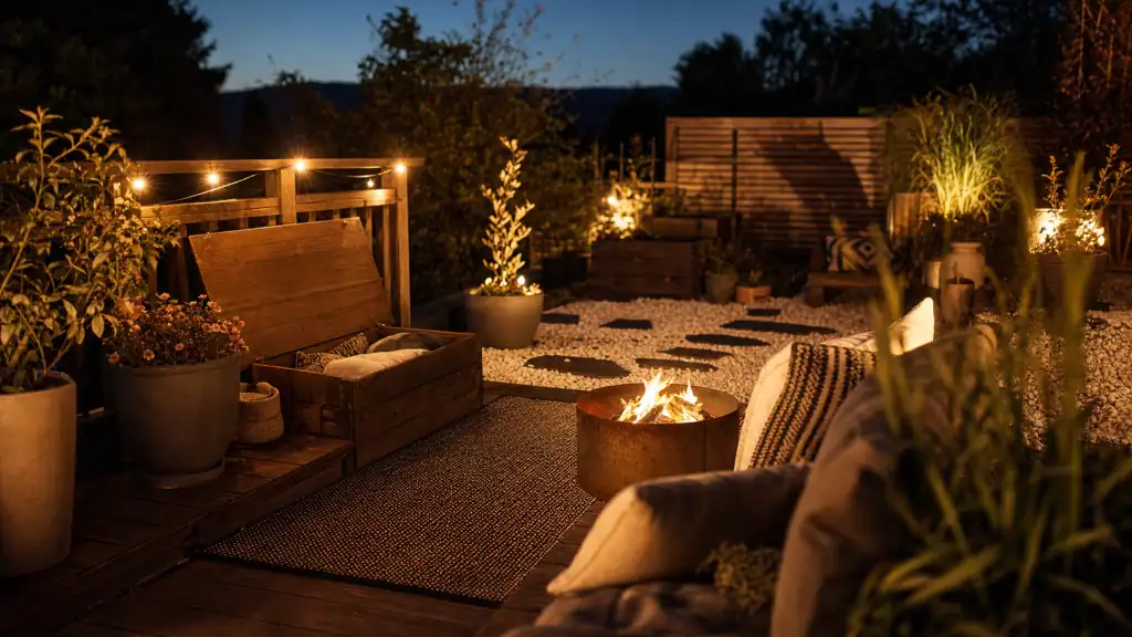 Déco jardin extérieur : terrasse lumineuse avec guirlande et brasero