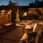 Déco jardin extérieur : terrasse lumineuse avec guirlande et brasero