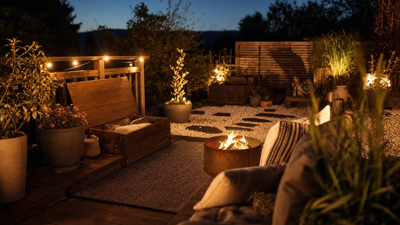 Déco jardin extérieur : terrasse lumineuse avec guirlande et brasero