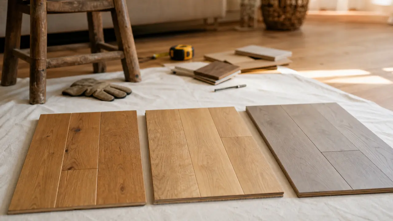 Different parquet : échantillons massif, contrecollé et stratifié en intérieur