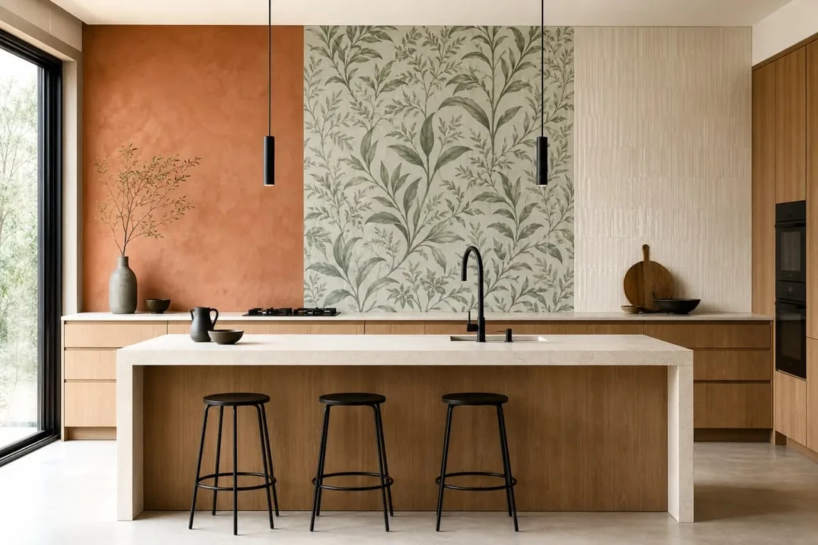 Tendance papier peint cuisine : trois ambiances déco avec terracotta, vert sauge et effet zellige dans une cuisine contemporaine