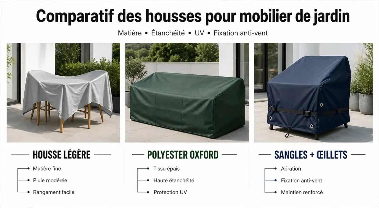Comparaison de housse pour mobilier de jardin sur terrasse avec différentes matières et fixations