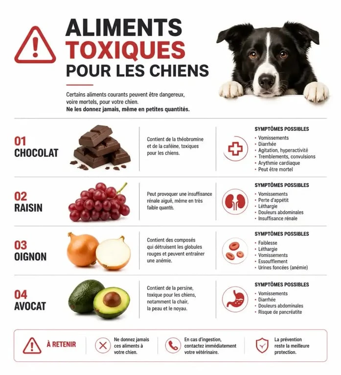 Infographie des aliments interdits pour le Bouledogue français et les risques d'intoxication