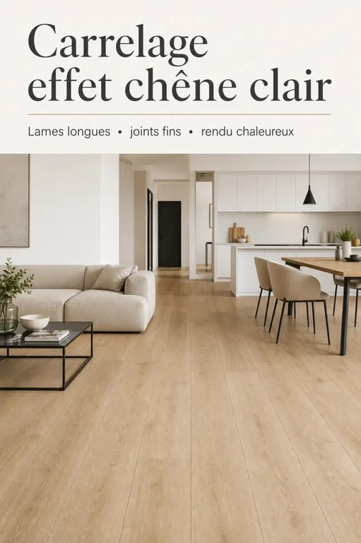 Carrelage imitation bois Naturoak série dans un salon lumineux avec lames longues et joints fins