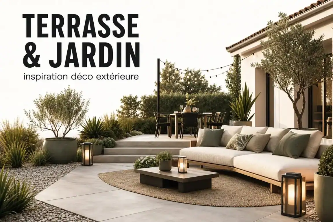 Idée de déco jardin extérieur sur terrasse avec guirlandes, pots de fleurs, graviers et ambiance chaleureuse