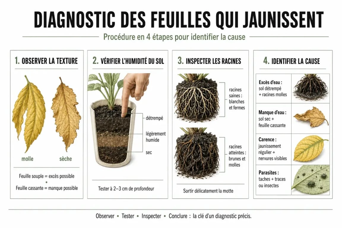 Infographie de diagnostic pour comprendre pourquoi les feuilles jaunissent et comment réagir