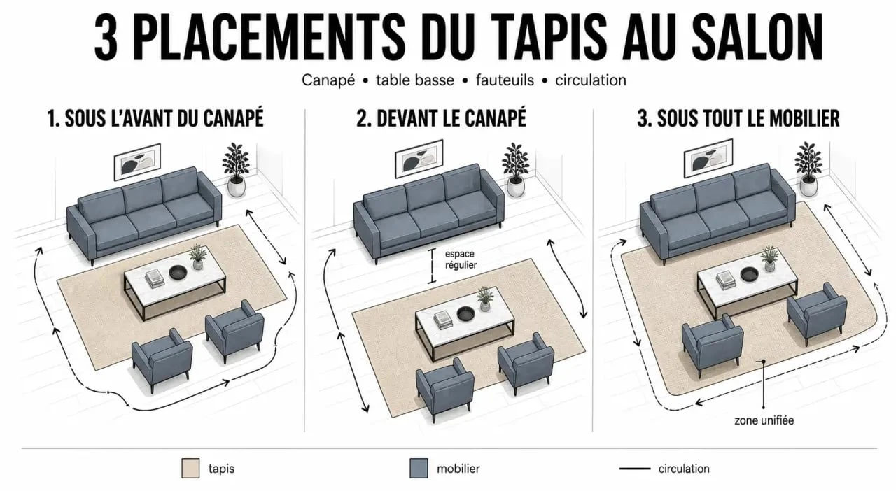 Tapis dans salon : les 3 placements possibles par rapport au canapé et à la table basse