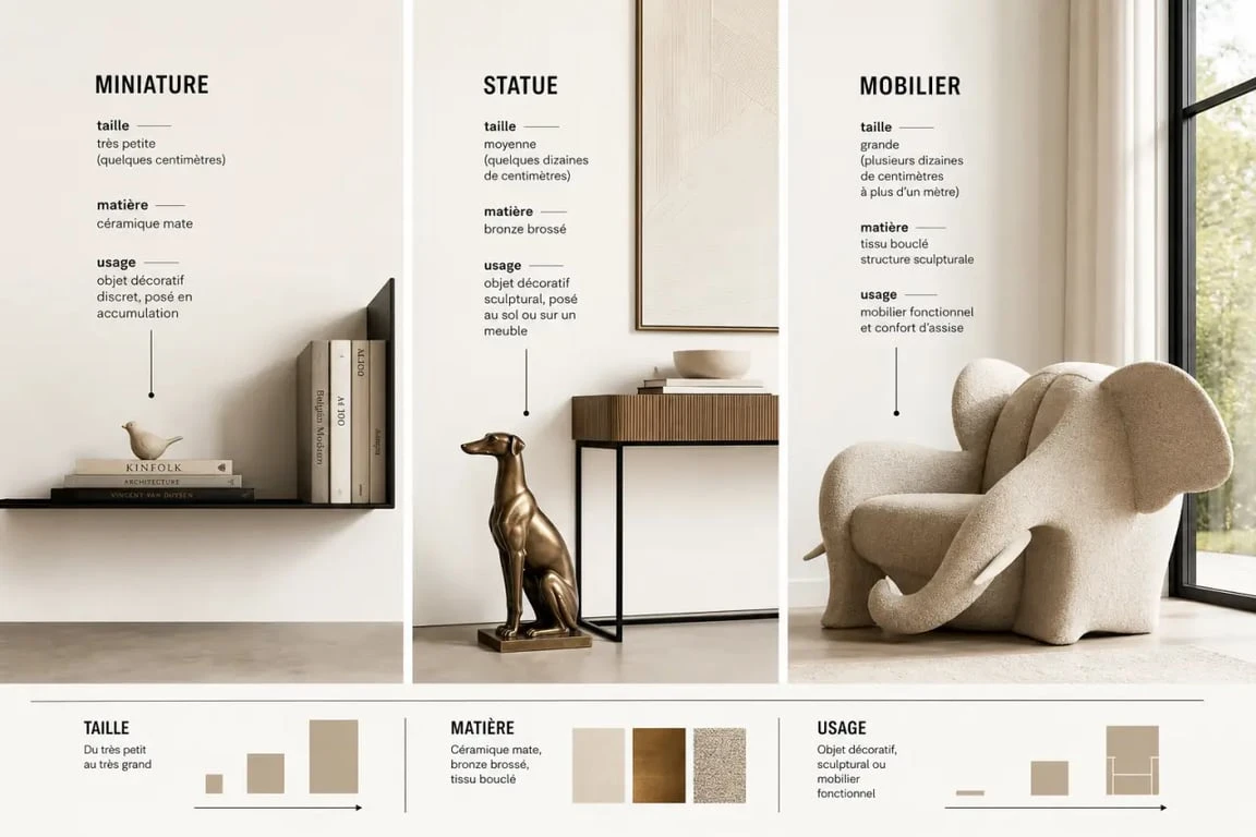 Animaux décoration intérieure : comparaison visuelle des formats miniature, statue et mobilier animalier