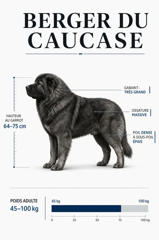 Infographie des caractéristiques physiques et mensurations du Berger du Caucase géant