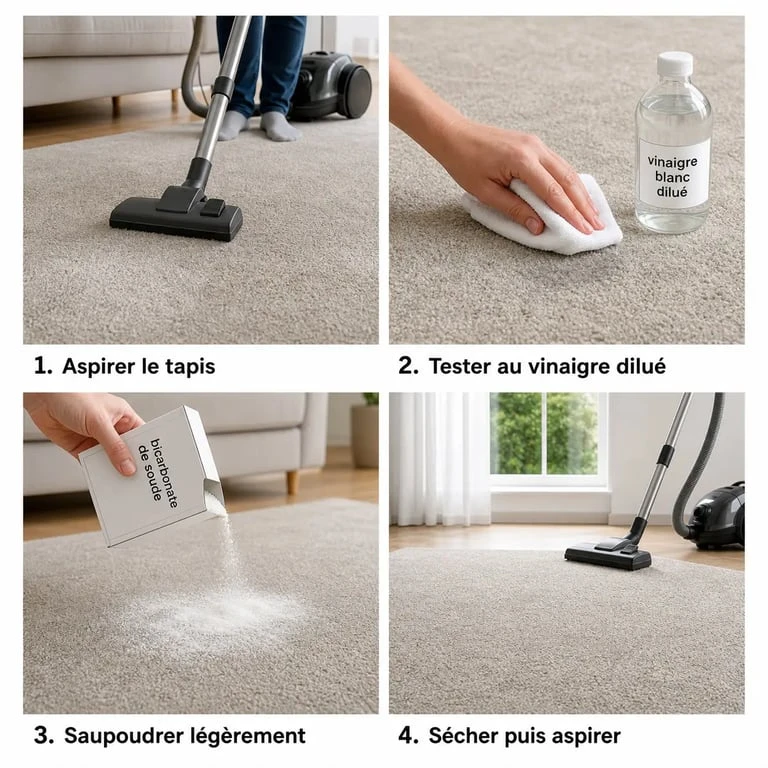 Nettoyer tapis vinaigre blanc bicarbonate en quatre étapes avec aspiration, application, saupoudrage et aspiration finale