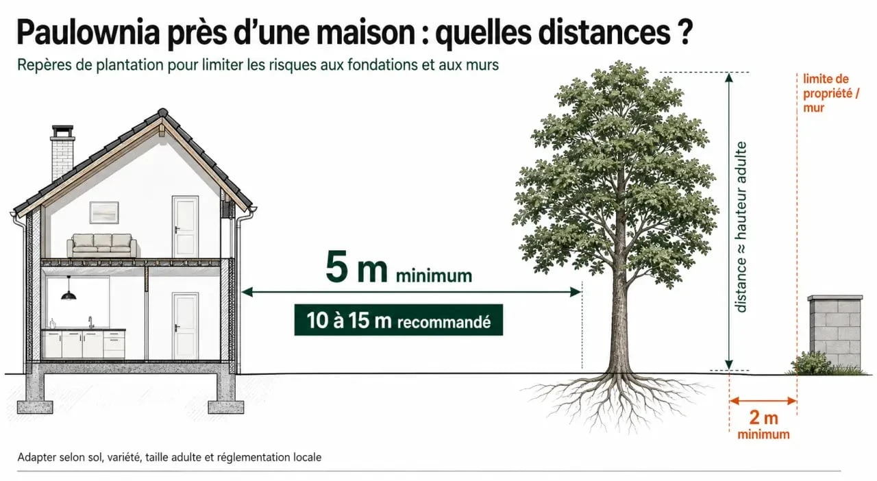 Paulownia distance maison : repères de plantation, 5 m minimum, 10 à 15 m conseillé et distance par rapport à la limite de propriété