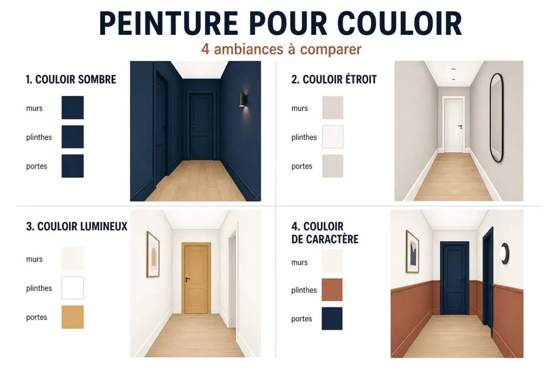 Couleur peinture pour couloir : comparaison visuelle des teintes selon un couloir sombre, étroit ou lumineux