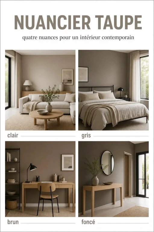 Peinture taupe : comparaison visuelle des nuances taupe clair, taupe gris, taupe brun et taupe foncé dans un intérieur élégant
