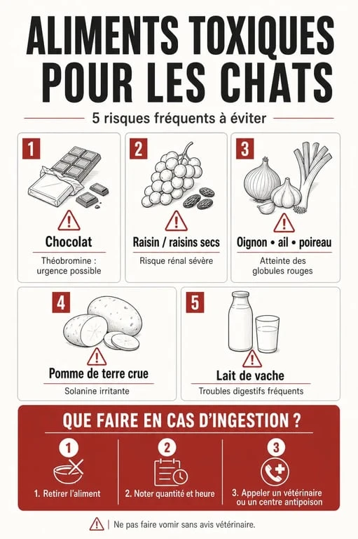 Infographie sur les aliments toxiques pour les chats avec les risques principaux et les bons réflexes