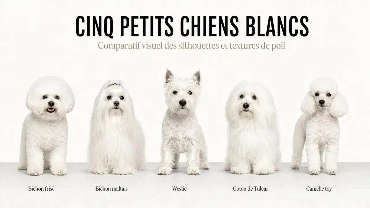 Chien petit blanc : comparaison de plusieurs petites races blanches côte à côte dans un visuel éditorial