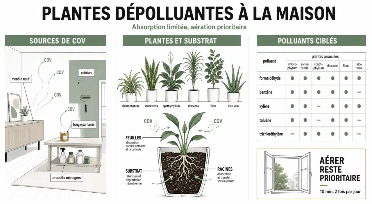 Infographie sur les plantes dépolluantes pour la maison et les polluants qu’elles aident à limiter
