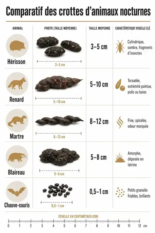 Infographie comparative des crottes d'animaux nocturnes pour l'identification sur le terrain