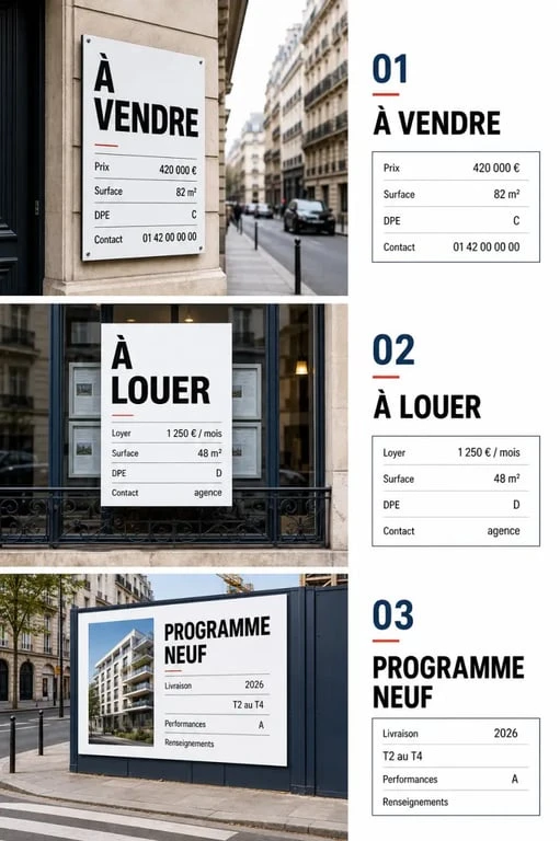 Panneau immobilier : exemple de support visible depuis la rue avec mentions essentielles et formats adaptés