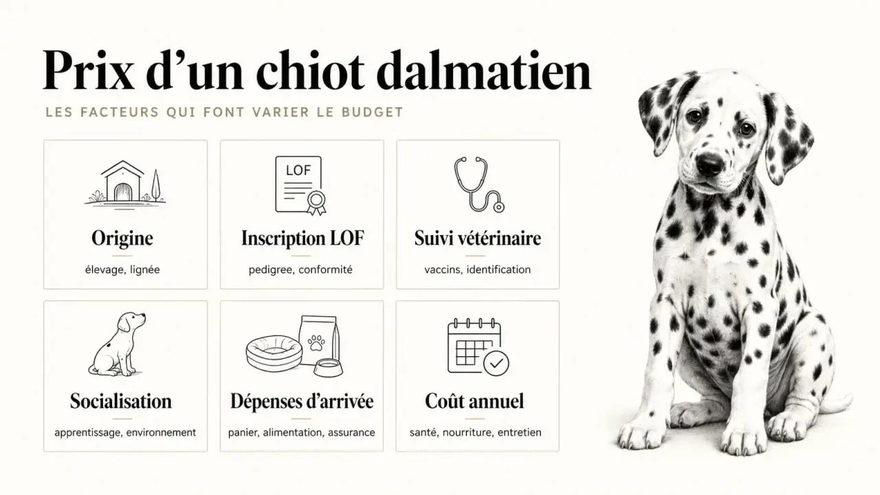 Prix chiot dalmatien : illustration éditoriale des facteurs de prix et du budget à prévoir