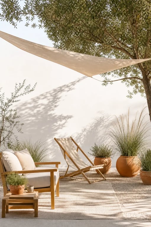 Aménager un coin détente naturel dans son jardin pour les vacances avec fauteuil, plantes et ombre légère