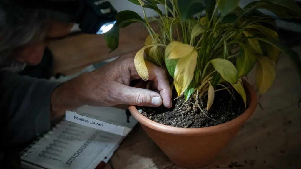 Feuille jaunissent : plante en pot avec feuilles jaunes