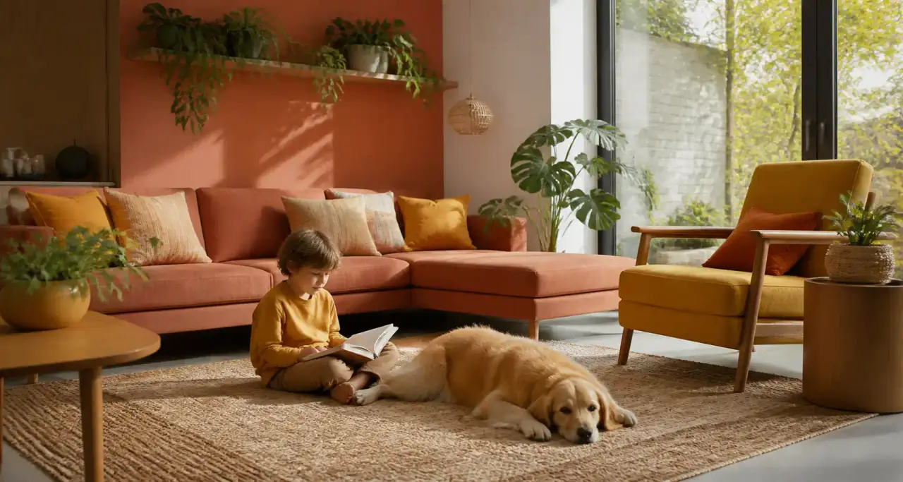 Salon familial pet-friendly avec chien et enfant, matériaux durables