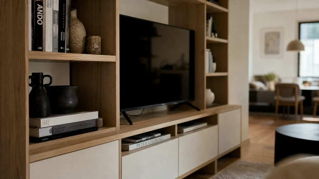 Meuble bibliothèque tv 140 cm avec rangements et écran central