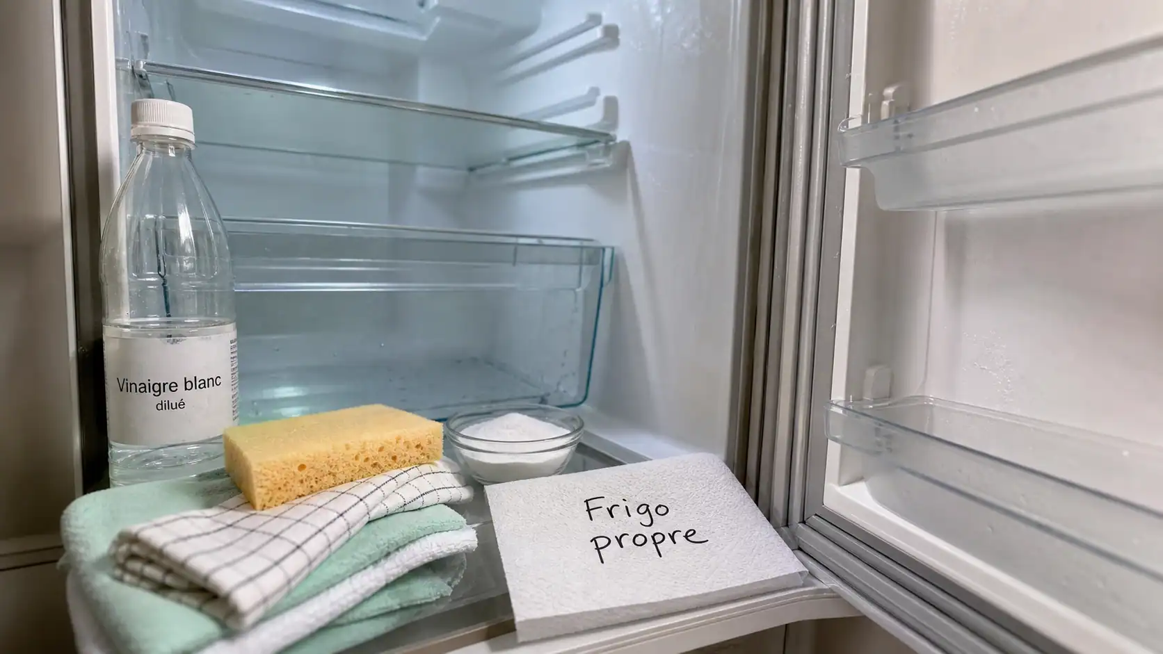 Nettoyer frigo : éponge, vinaigre blanc et bicarbonate pour enlever les odeurs