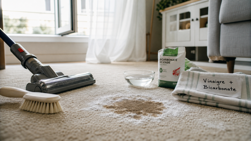 Nettoyer tapis vinaigre blanc bicarbonate : brosse et aspirateur près d’une tache