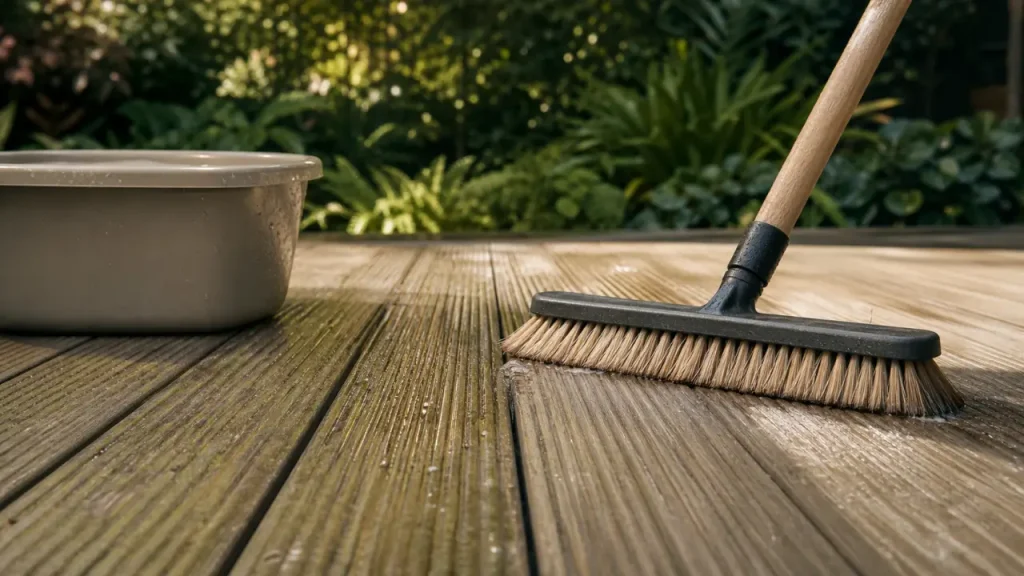 Nettoyer terrasse en composite : brosse douce sur lames et eau savonneuse