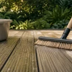 Nettoyer terrasse en composite : brosse douce sur lames et eau savonneuse