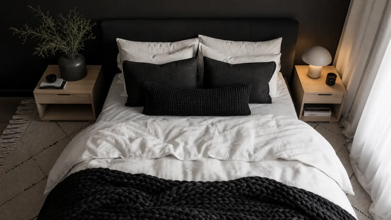 Noir et blanc chambre, draps et mur noir, lumière douce
