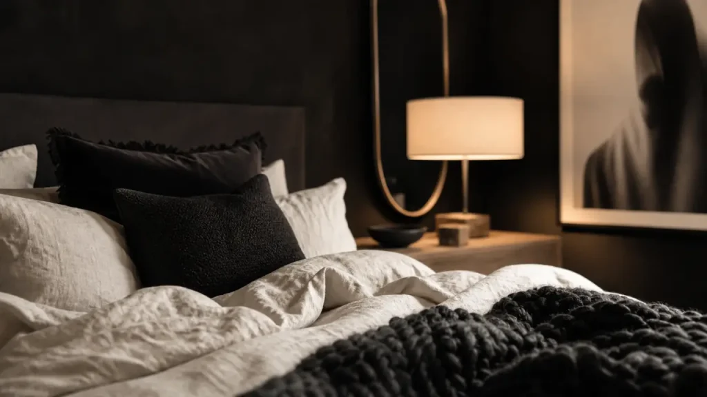 Noir et blanc chambre : linge blanc cassé et coussins noirs, lumière douce