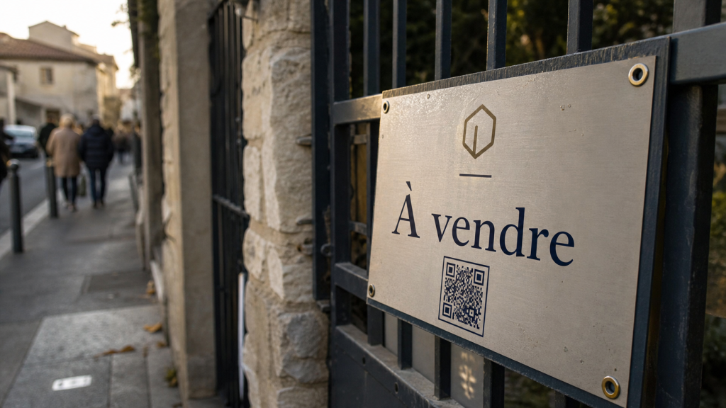 Panneau immobilier à vendre en aluminium sur portail, QR code visible.