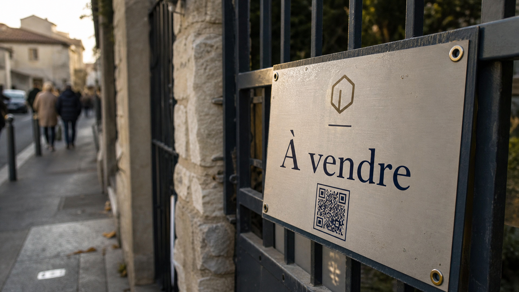 Panneau immobilier à vendre en aluminium sur portail, QR code visible.