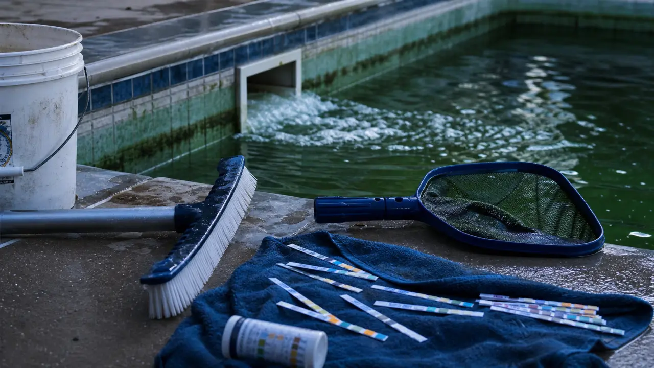 Piscine eau verte : brosse et test chlore pour corriger l’eau verte