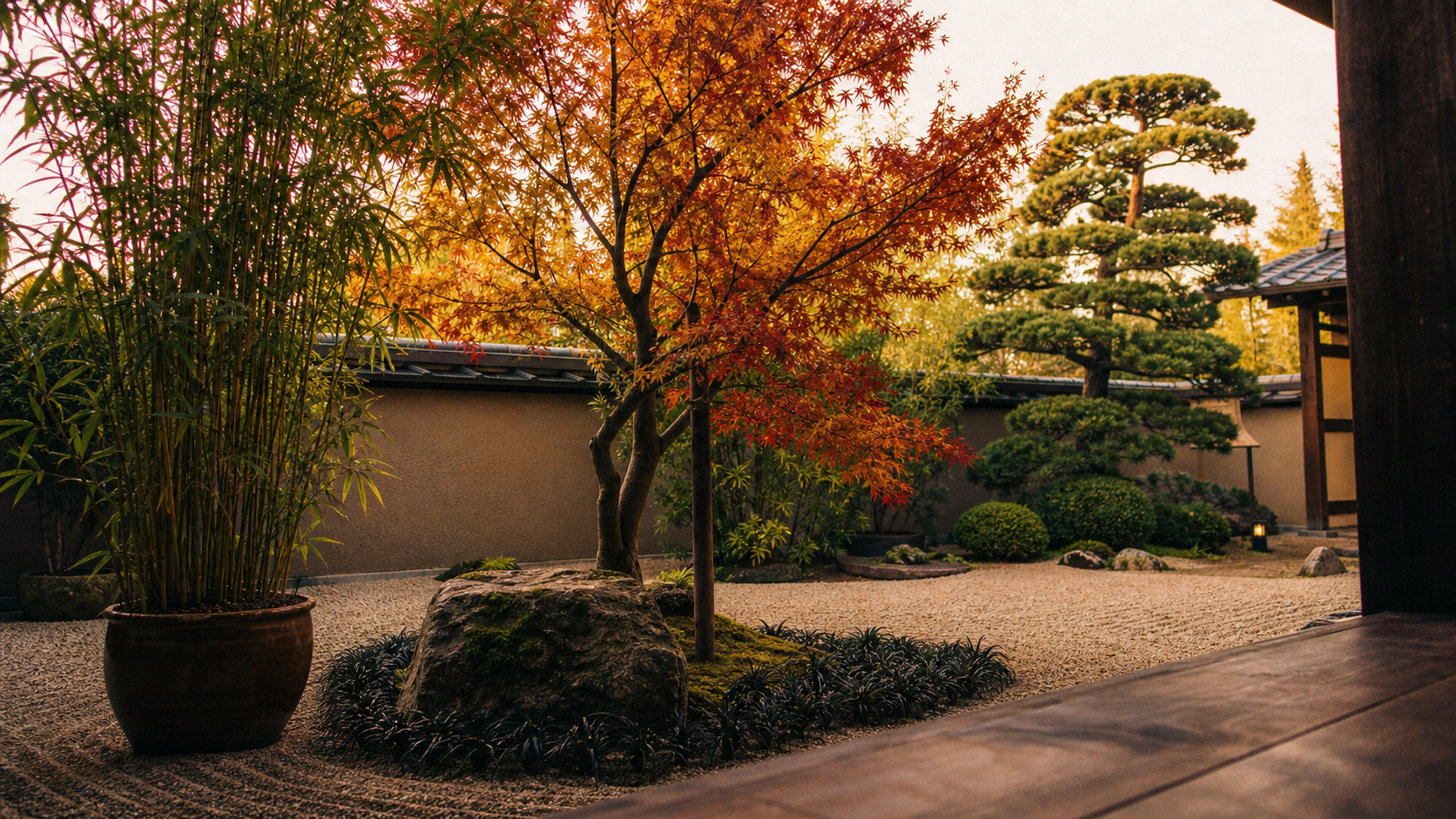 Plantes pour jardins japonais : érable du Japon, bambou et graviers