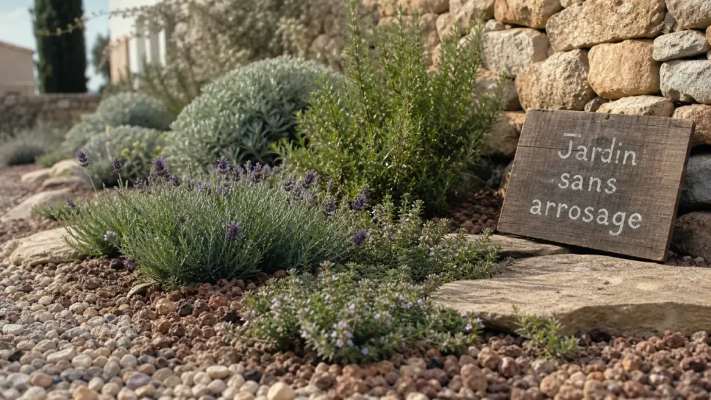 Plantes méditerranéennes sans arrosage : lavande et thym en jardin sec paillé de gravier