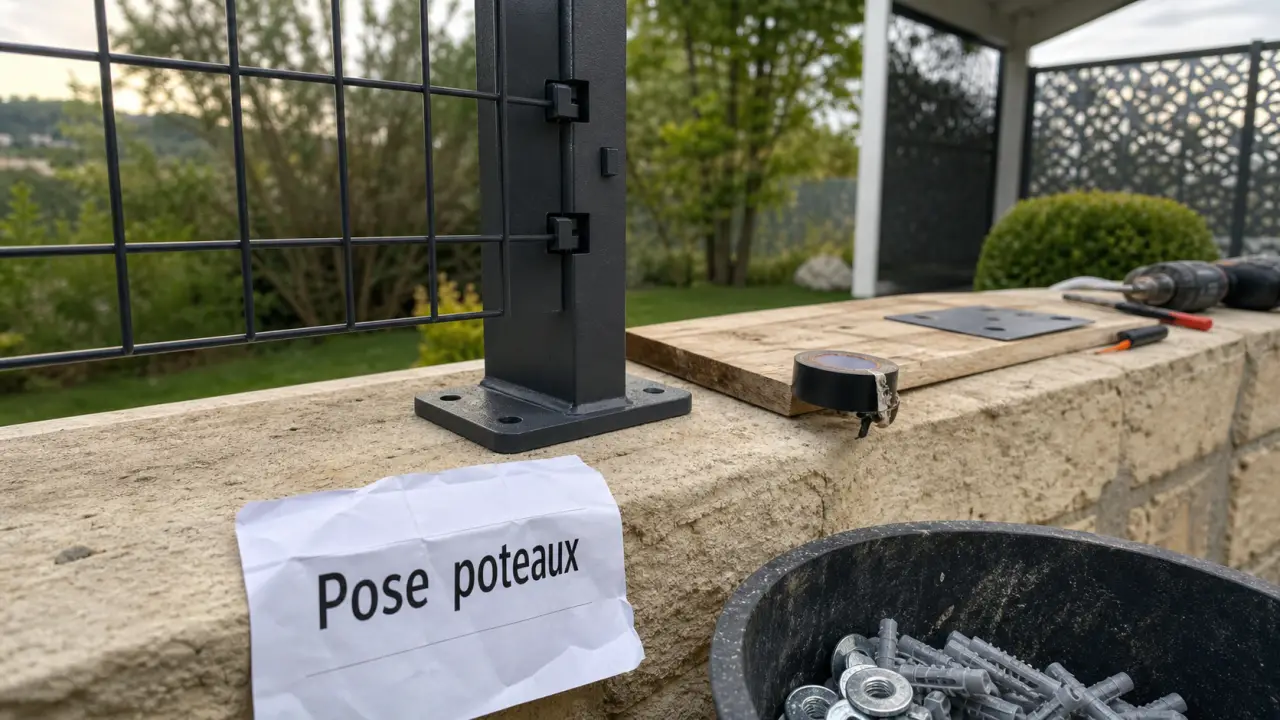 Poteaux grillage rigide : encoches, clips et platine sur muret