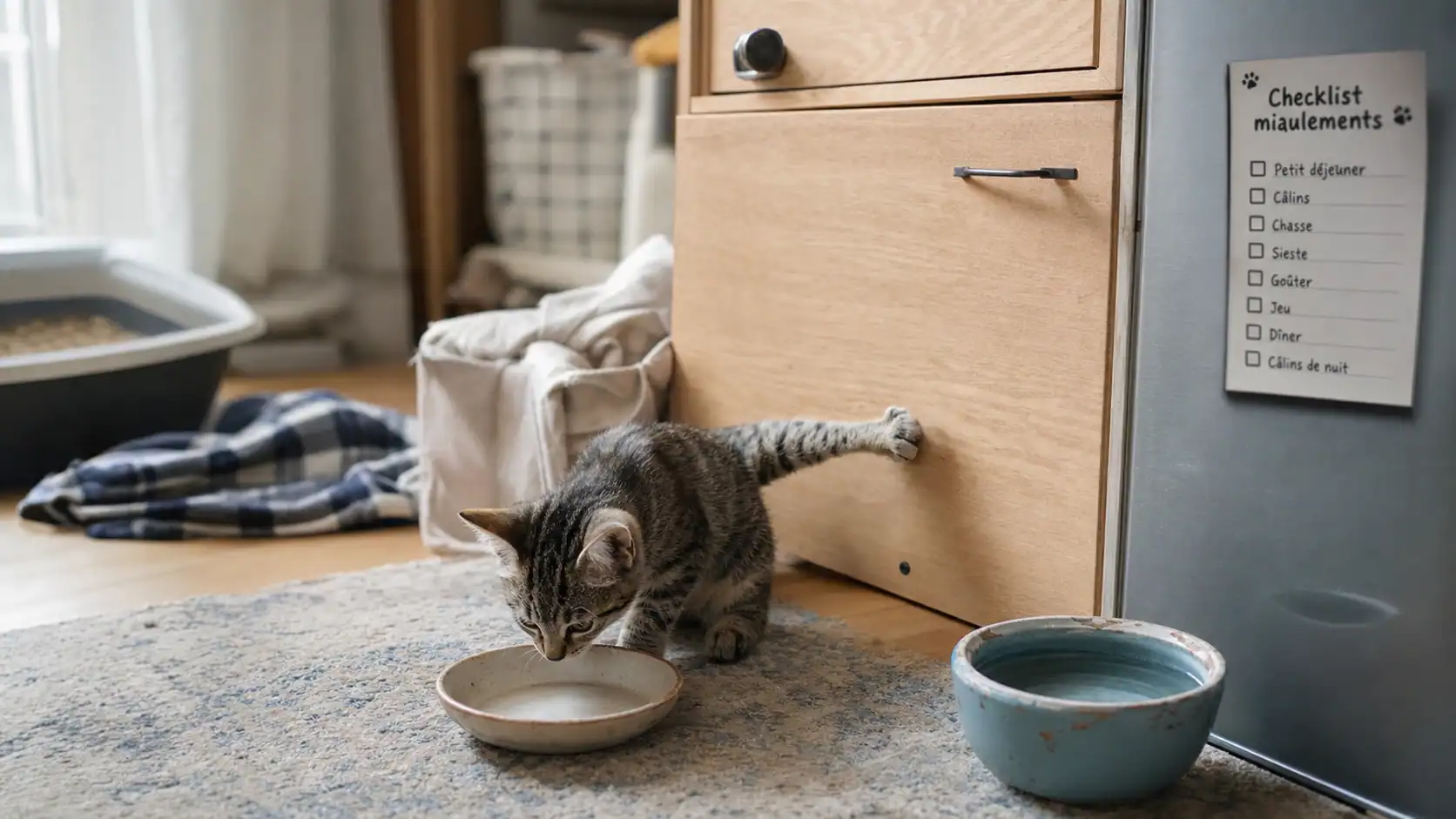 Chaton qui miaule tout le temps : gamelle vide et porte de placard entrouverte, faim stress douleur