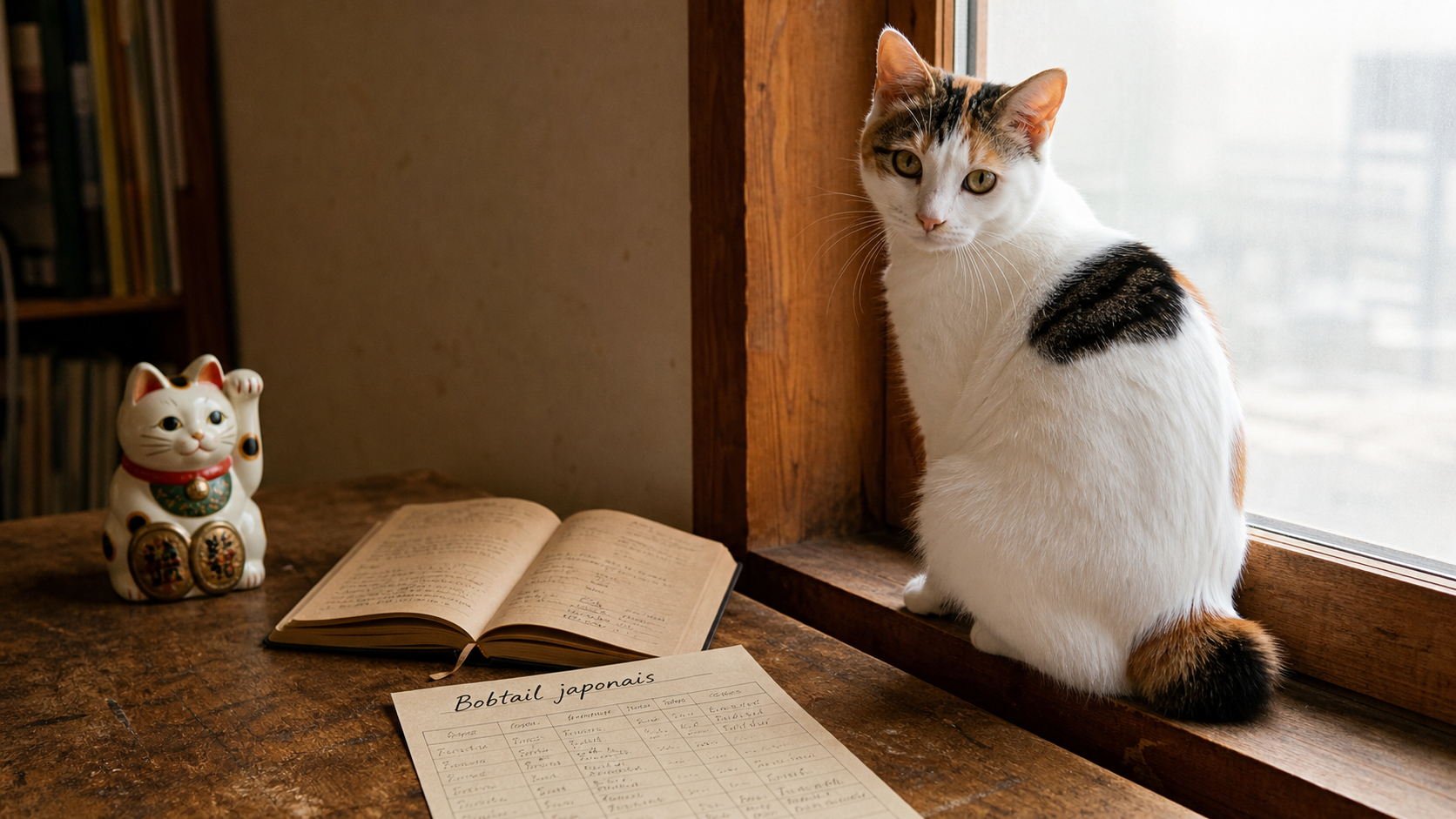 Race chat japonais : Bobtail japonais tricolore et queue en pompon