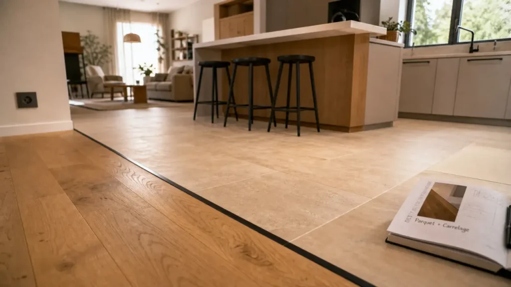 Jonction salon parquet cuisine carrelage : parquet chêne et carrelage beige