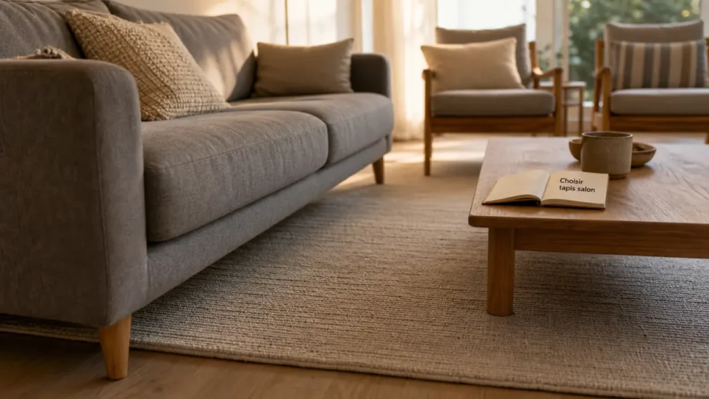 Tapis dans salon sous le canapé, placement idéal devant tout le mobilier