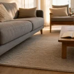 Tapis dans salon sous le canapé, placement idéal devant tout le mobilier