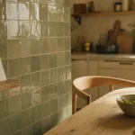 Tendance papier peint cuisine : zellige vert sauge en cuisine