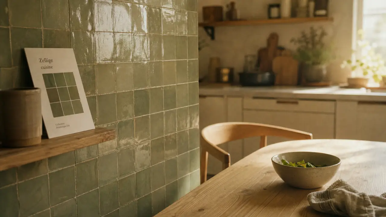 Tendance papier peint cuisine : zellige vert sauge en cuisine