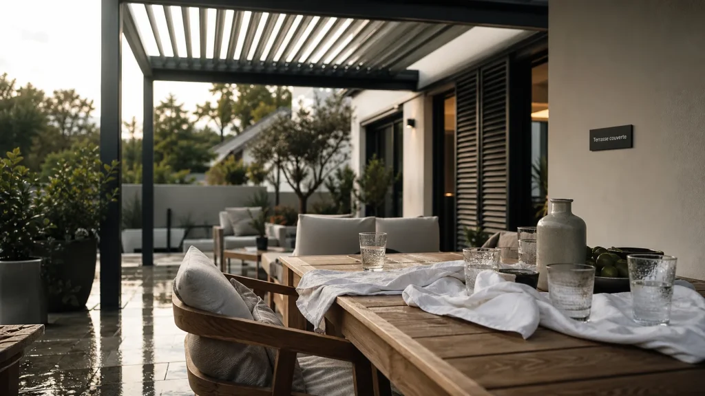 Terrasse couverte maison avec pergola adossée aluminium