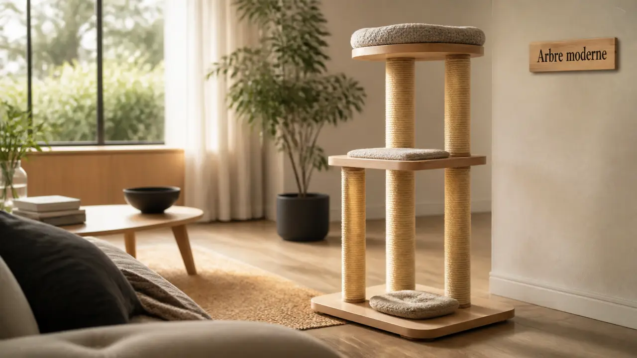 Arbre a chat moderne en bois clair, base stable et plateformes rembourrées