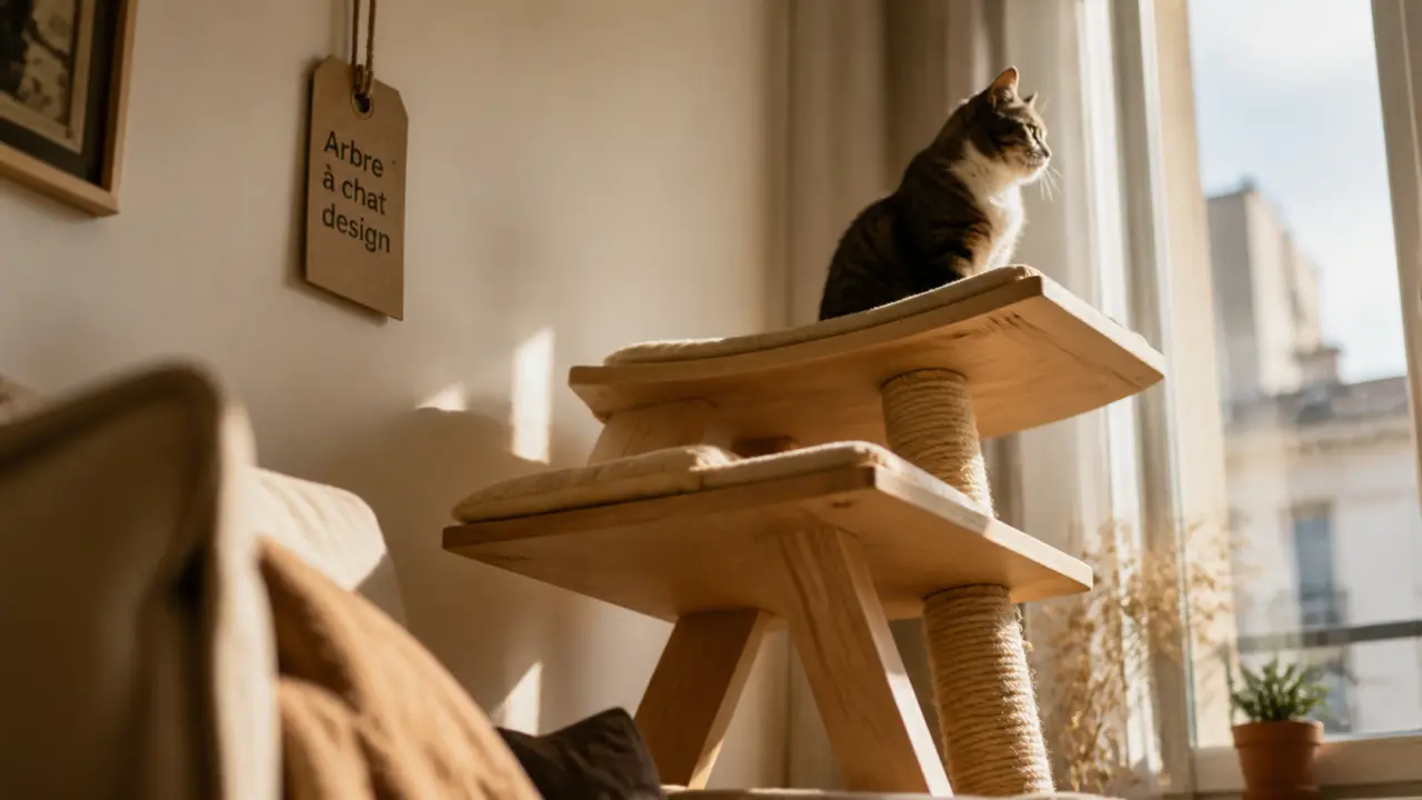 Arbre à chat original design : meuble utile en bois clair avec chat
