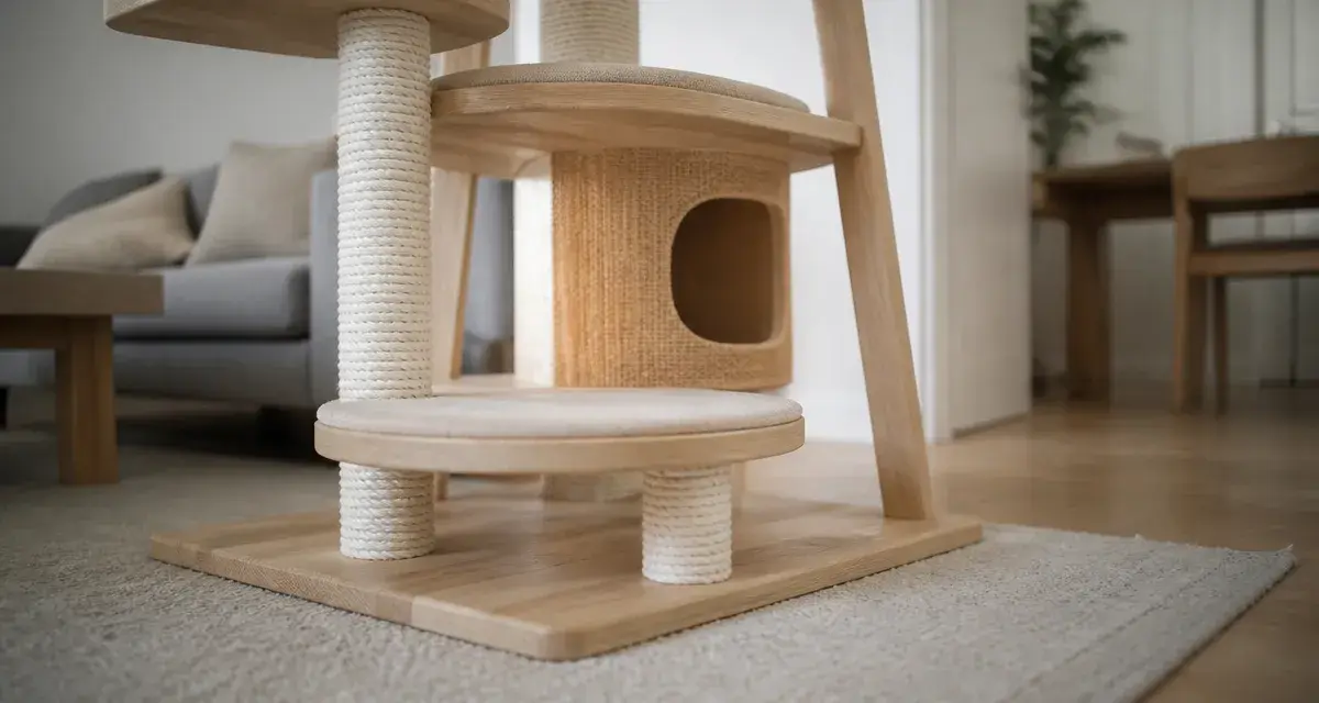 Arbre a chat scandinave bois clair, plateformes beige et sisal, format compact